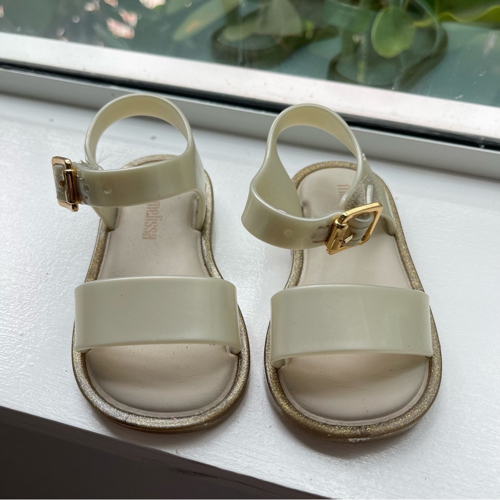 Mini Melissa White Gold Glitter Iridescent Sandal Size 5